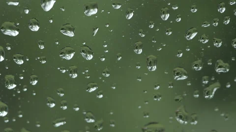 Rain water drops Falling Down On green Window Glass, close up Stock Footage 138173741