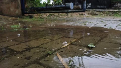 	Rain water drops falling on small puddle in the back of the garden, 4K Video stock 240886764