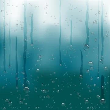 Rain water drops flow down blue background Stock Illustration