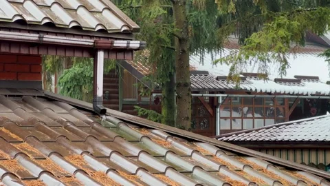 Rain water is falling and flows down the tiled roof into the drainpipe. A green Stock Footage 258299424