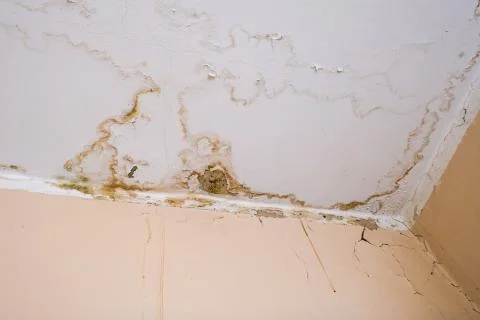 Rain water leaks on the ceiling because of damaged roof causing decay, peeling Stock Photos