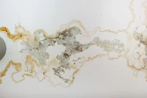 Rain water leaks on the ceiling because of damaged roof causing decay, peeling Stock Photos