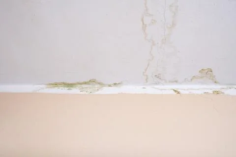 Rain water leaks on the ceiling because of damaged roof causing decay, peeling Stock Photos