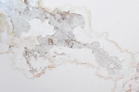 Rain water leaks on the ceiling because of damaged roof causing decay, peeling Stock Photos