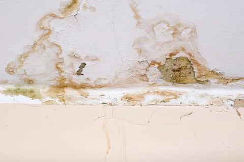 Rain water leaks on the ceiling because of damaged roof causing decay, peeling Stock Photos