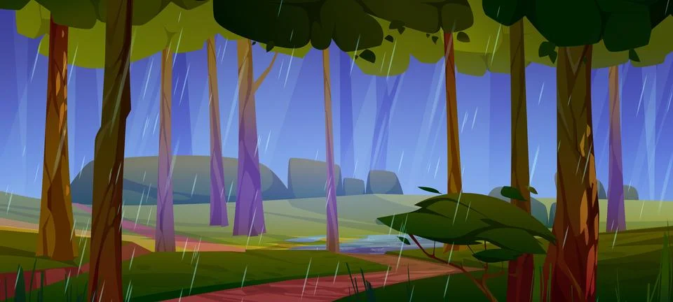 Rain weather in forest cartoon vector background Stock Illustration