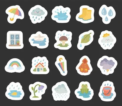 Rain weather set featuring umbrella cloud Stock Illustration
