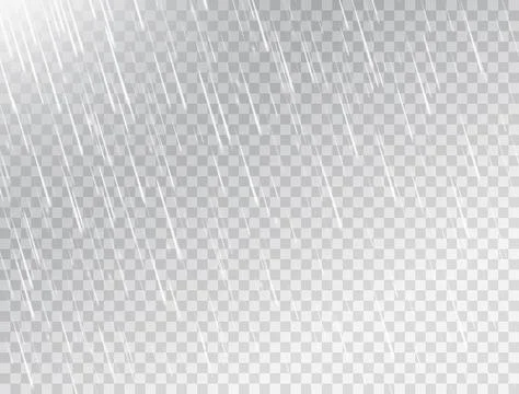 Rain on white transparent background. Rainfall texture. Rain storm. Realistic Stock Illustration