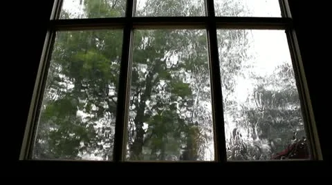 Rain on a window pane with trees in background blowing around Stock Footage 11289758