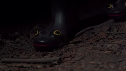 Rainboots With Frog Eye Design Walking On Muddy Ground. Close-up Shot Stock Footage 337897699