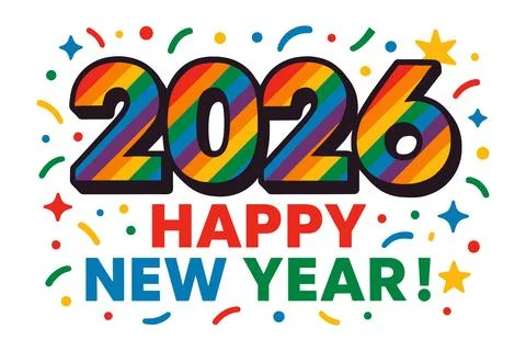 Rainbow 2026 Happy New Year Design with Confetti Stock Illustration