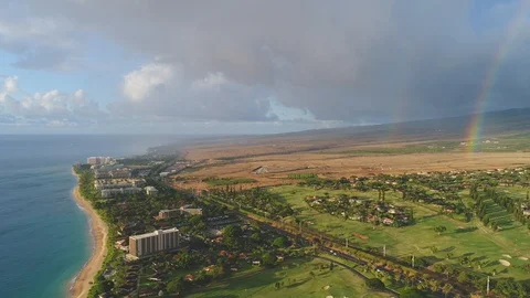 Rainbow across Maui Coastal Plain and Pacific Shore Stock Footage 89411431