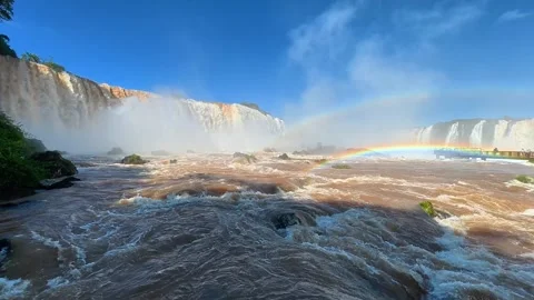 Rainbow Across Turbulent Rapids and Cascades at Brazil’s Iguazu Falls Stock Footage 342275605