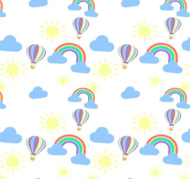 Rainbow and balloon seamless vector pattern - beautiful children background Stock Illustration