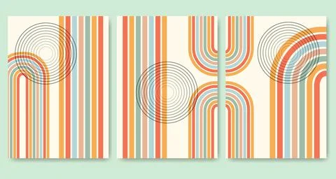 Rainbow and circles set in 50's style retro poster. Boho home decor Stock Illustration