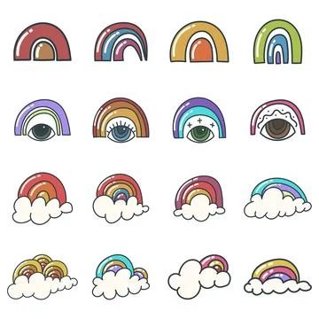 Rainbow and cloud hand drawn collection vector illustration Stock Illustration