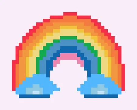 Rainbow and cloud pixel art isolated on background. Colorful cartoon vector Stock Illustration