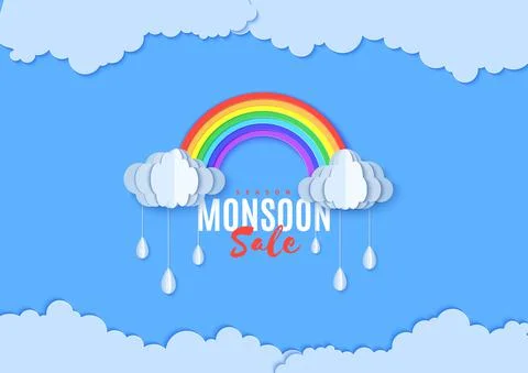 Rainbow and clouds with bangle falling drops in paper cut style. Vector cloudy Stock Illustration