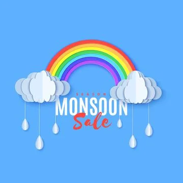 Rainbow and clouds with bangle falling drops in paper cut style. Vector cloudy Stock Illustration