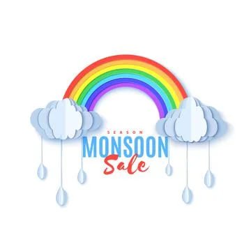 Rainbow and clouds with bangle falling drops in paper cut style. Vector cloudy Stock Illustration