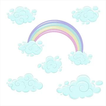 Rainbow and clouds in cartoon style. Cute block with curls and multicolored Stock Illustration