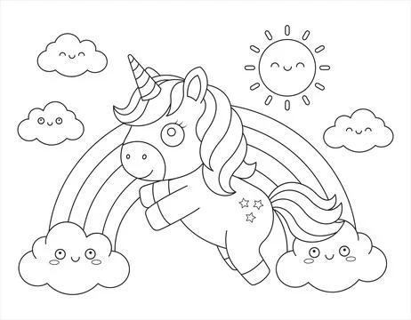Rainbow and clouds outline coloring page vector illustration with a cute ma.. Ilustración de archivo