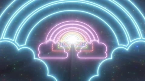 Rainbow and Clouds Shaped Glowing Bright Neon Lights Tunnel Portal Stock Footage 195504004