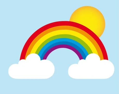 Rainbow and clouds with sun, landscape. vector Stock Illustration