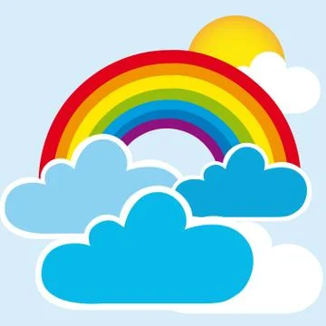 Rainbow and clouds with sun, landscape. vector Stock Illustration