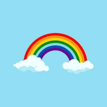 Rainbow and clouds vector icon isolated on blue sky background. Illustrazione stock