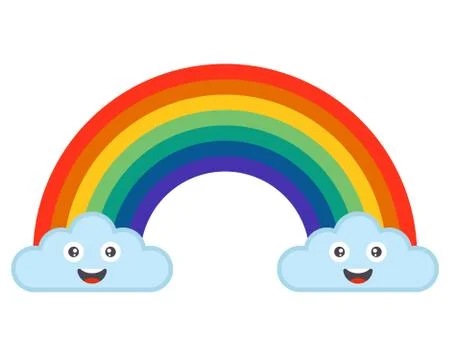 Rainbow and funny clouds on a white background. Stock Illustration