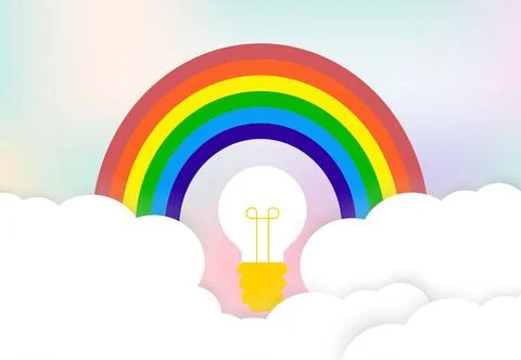 Rainbow and Light of idea with soft white Clouds, with space for text, kids.. Stock Illustration