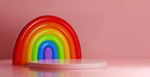 Rainbow and round platform on pink background Stock Illustration