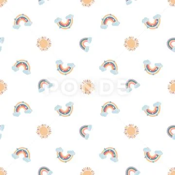Rainbow and sun minimalistic scandinavian pattern on a white background PSD Template