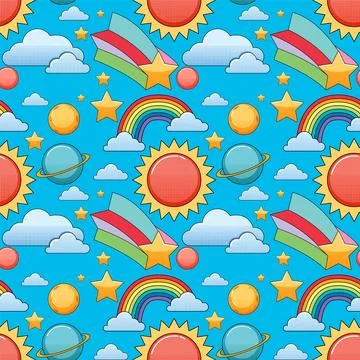 Rainbow and Sun Seamless Background Stock Illustration