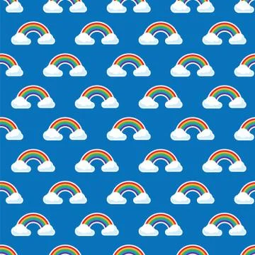 Rainbow arc and white clouds in blue sky seamless pattern. Multicolored rainbow Stock Illustration