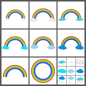 Rainbow arc with clouds. 7 colors spectrum. Vector illustration isolated on w Stock Illustration