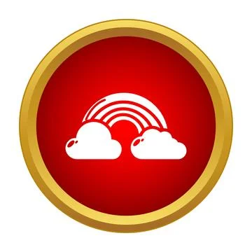 Rainbow arc with clouds on red circle button Stock Illustration