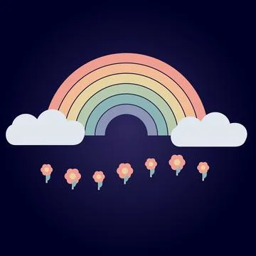 Rainbow arch with fluffy clouds and little flowers on dark blue background .. Stock Illustration