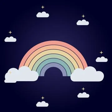 Rainbow arch with fluffy clouds and shining stars in dark sky for magical g.. Иллюстрация