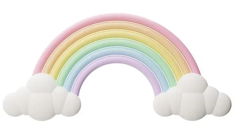 A rainbow arch is seen above two clouds on a clear background. This design .. Ilustração Stock