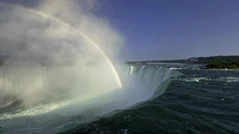 Rainbow arching over niagara falls, low-angle water surface pov on fall edge Stock Footage 302549555