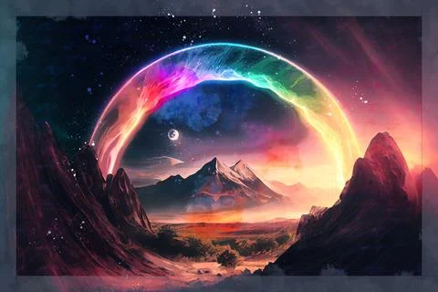 A rainbow arcing over a landscape, the vibrant colors of the spectrum captu.. Ilustração Stock