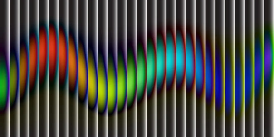 Rainbow audio frequency wave. Glowing neon colors on vertical grid. Dark ba.. 스톡 일러스트