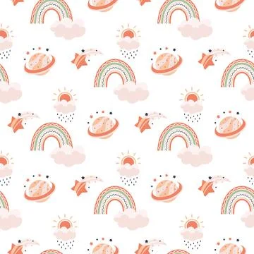 Rainbow baby pattern. Sun, cloud and heart nursery wallpaper, cute kids wrapping Stock Illustration