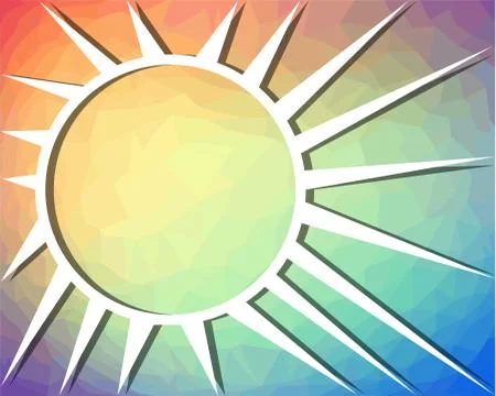 Rainbow background with sun drawing on triangle patterned area Stock Illustration
