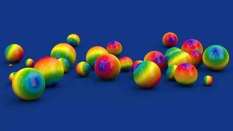 Rainbow balls. Blue background. Abstract illustration, 3d render. Illustrazione stock