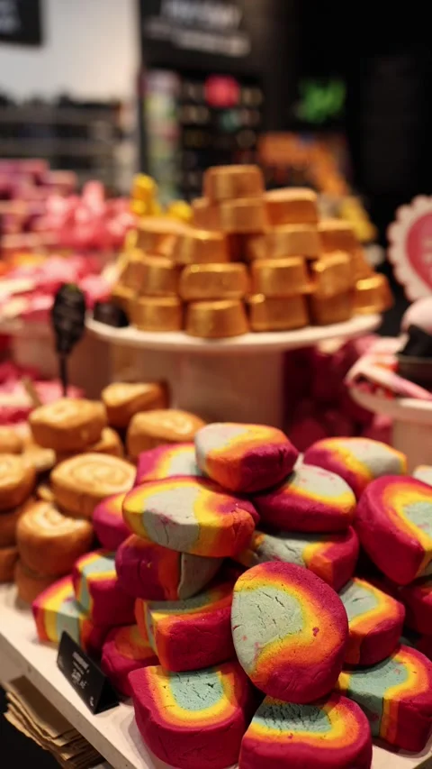 Rainbow bath bombs on store shelf display 스톡 동영상 332163736