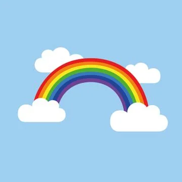 Rainbow between two clouds on blue sky background Illustrazione stock