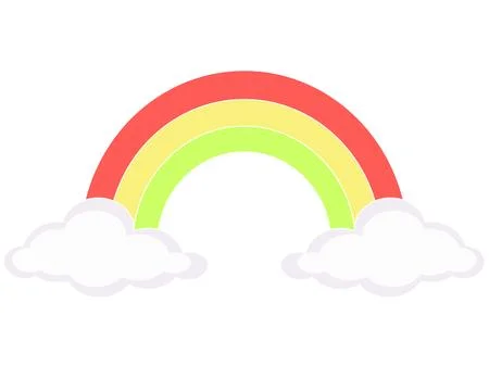Rainbow between two clouds symmetrical, weather phenomenon - vector Stock Illustration